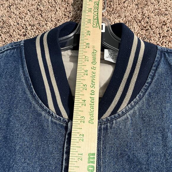 Vintage 90s Denim Varsity Jacket Mens 2XL Blue White Embroidered Car Show - Picture 8 of 11